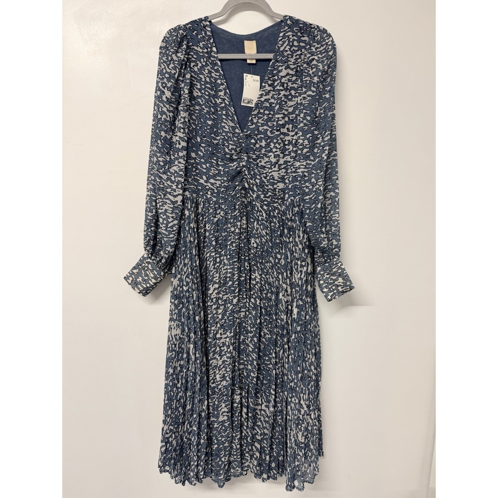 H&M Blue Floral Midi Dress Large Long Sleeve Boho Pleated V Neck NWT #41